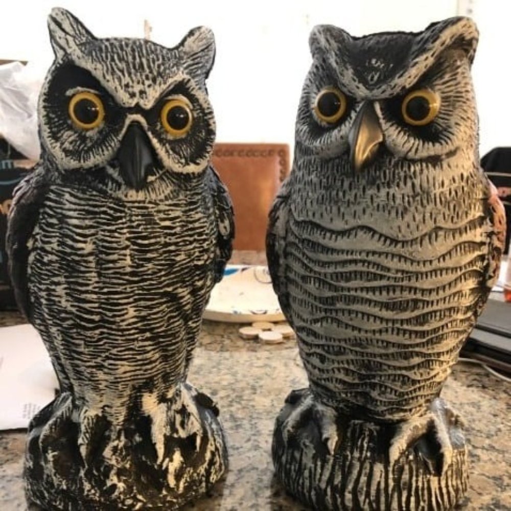 2 Pack Fake Horned Owl Bird Scarecrow Decoy, Plastic Deterrents, Halloween